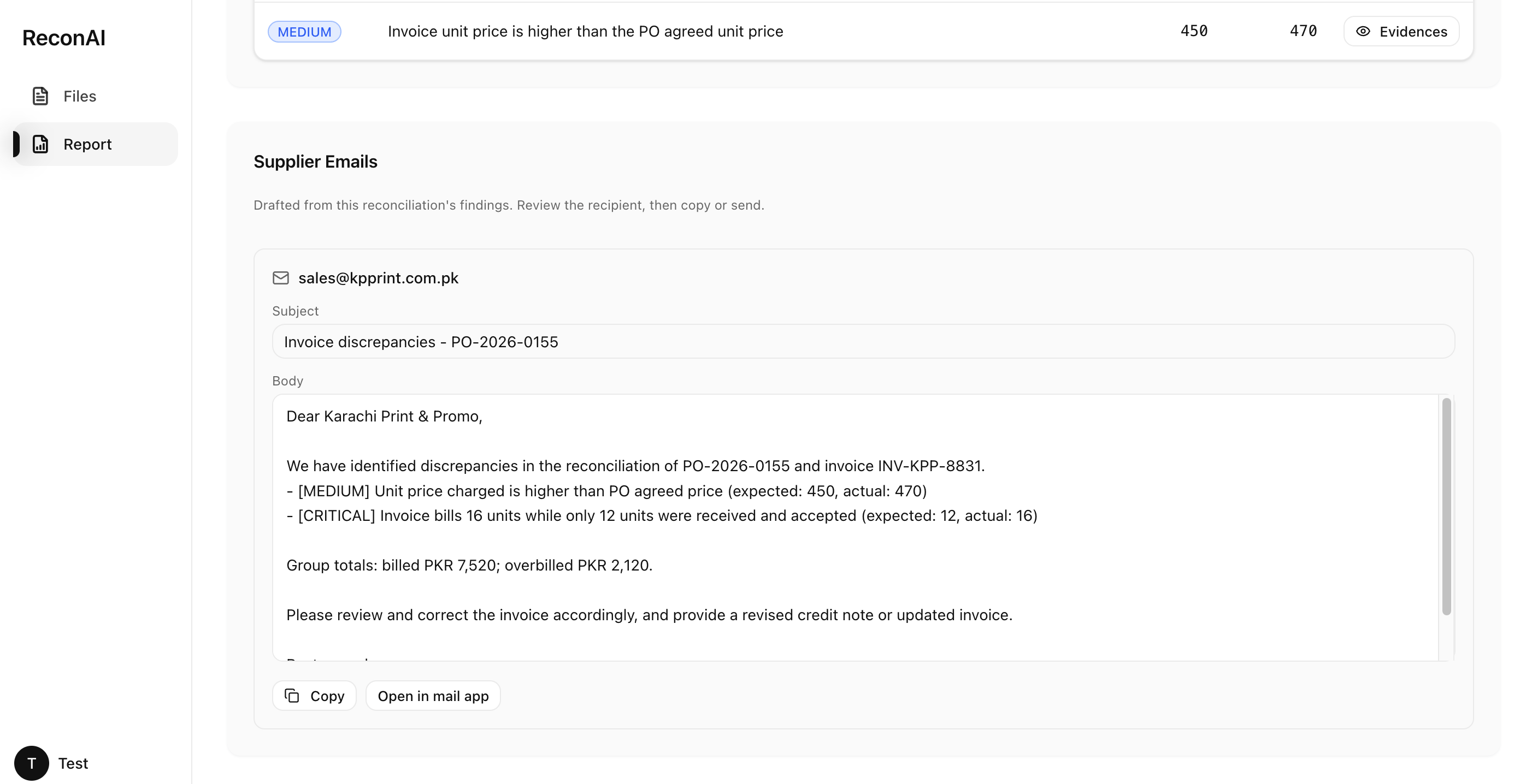 ReconAI auto-drafted supplier email